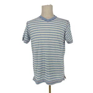 Robert Graham Short Sleeve V-Neck T-Shirt Blue White Stripe HAWKSBILL M STAINED!